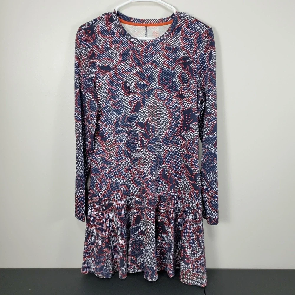 Tory Burch Dahlia‎ Dress Size M Long Sleeve Navy Floral Drop Waist Pima Cotton